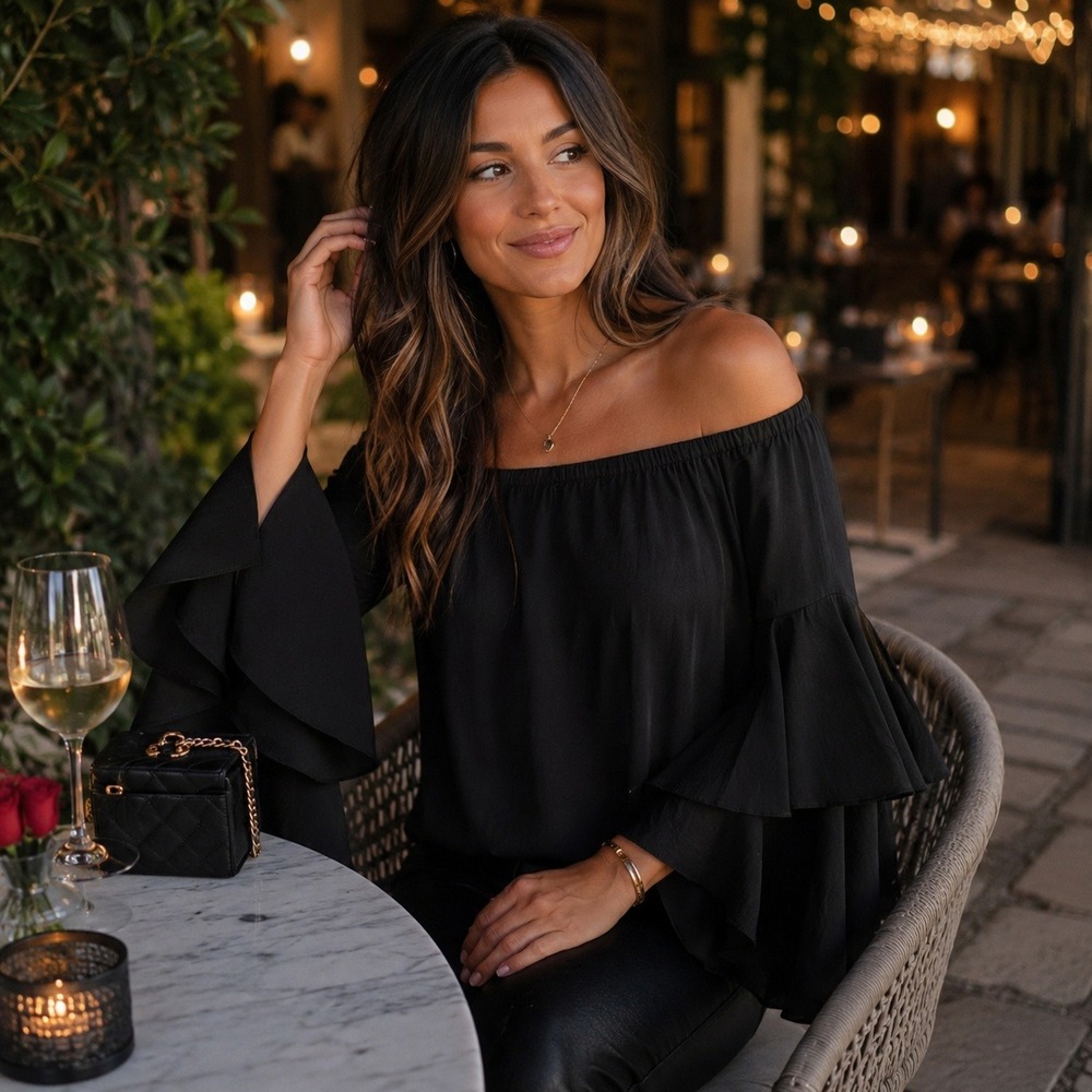 Chelsea28 Womens Black Off The Shoulder Tiered Bell Sleeve Blouse Medium